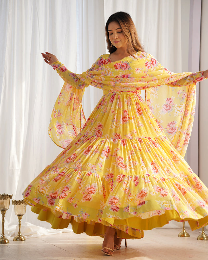 Floral Print Yellow Color Georgette Frill Anarkali Suit