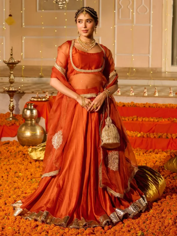 Deepa Orange Solid Chanderi Lehenga Set