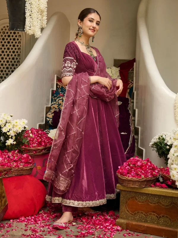 Terri Mauve Embroidered Velvet Suit Set