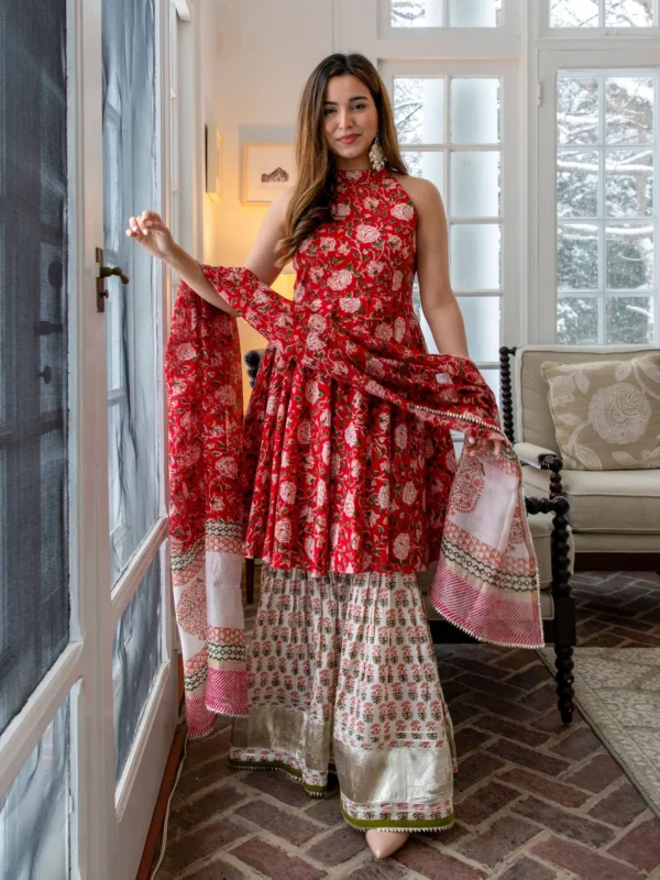 Red Finch Handblock Sharara Set