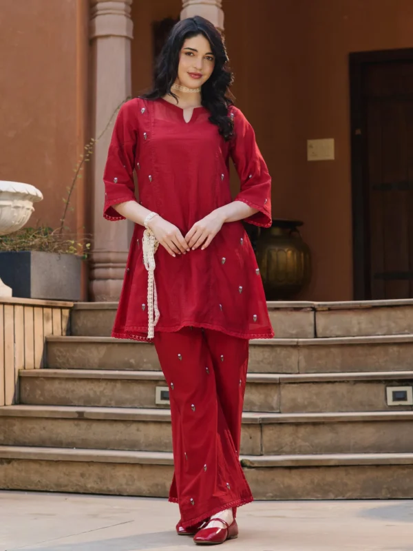 Sola Red Embroidered Doria Kurta Set
