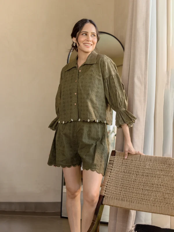 Olive Muse Green Cotton Schiffli Coord Set